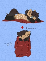 Size: 1536x2048 | Tagged: safe, artist:starbite444, oc, oc only, oc:nixie tube, bat pony, earth pony, hybrid, wingless bat pony, 2 panel comic, blanket, blanket burrito, coat markings, comic, dappled, fangs, female, glasses, socks (coat markings), solo, wingless