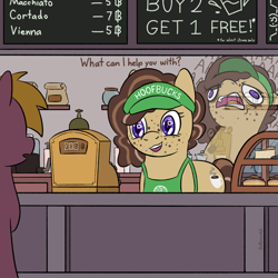 Size: 1920x1920 | Tagged: safe, artist:_butterscotch, oc, oc only, oc:cappuccino, earth pony, pony, barista, cafe, cash register, chalkboard, coffee, cover art, dialogue, female, freckles, starbucks