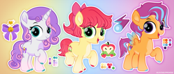 Size: 4657x2000 | Tagged: safe, artist:lovinglypromise, apple bloom, scootaloo, sweetie belle, pony, alternate design, cutie mark crusaders