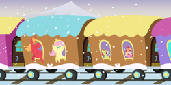 Size: 4320x2160 | Tagged: safe, anonymous artist, big macintosh, fluttershy, oc, oc:apple sorbet, oc:late riser, oc:pink lemonade, earth pony, pegasus, pony, series:fm holidays, series:hearth's warming advent calendar 2024, g4, advent calendar, alternate hairstyle, baby, baby pony, brothers, christmas, colt, eyes closed, family, female, foal, friendship express, high res, holiday, lineless, locomotive, male, mare, offspring, open mouth, open smile, parent:big macintosh, parent:fluttershy, parents:fluttermac, pointy ponies, ship:fluttermac, shipping, short mane, siblings, smiling, snow, snowfall, stallion, steam locomotive, straight, toddler, train, windswept mane, woohoo