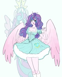 Size: 768x939 | Tagged: safe, artist:raritmiu, princess flurry heart, alicorn, human, pony, alicorn humanization, clothes, cute, dress, eared humanization, female, flurrybetes, horned humanization, humanized, mare, older, older flurry heart, open mouth, socks, solo, winged humanization