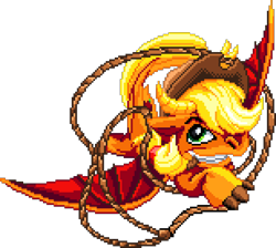 Size: 1078x966 | Tagged: safe, artist:dragonm97, applejack, dragon, g4, digital art, dragonified, female, manepxls, mouth hold, pixel art, pxls.space, rope, simple background, solo, species swap, spread wings, transparent background, wings