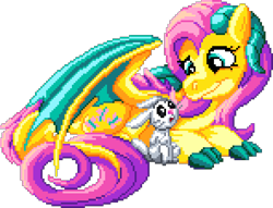 Size: 1036x791 | Tagged: safe, artist:dragonm97, angel bunny, fluttershy, dragon, rabbit, g4, animal, digital art, dragonified, female, lying down, male, manepxls, open mouth, partially open wings, pixel art, pxls.space, simple background, smiling, species swap, transparent background, wings