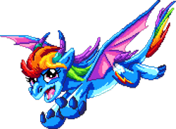 Size: 1074x792 | Tagged: safe, artist:dragonm97, rainbow dash, dragon, g4, digital art, dragonified, female, manepxls, open mouth, pixel art, pxls.space, simple background, solo, species swap, spread wings, transparent background, wings