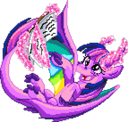 Size: 1001x959 | Tagged: safe, artist:dragonm97, twilight sparkle, dragon, g4, book, digital art, dragoness, dragonified, female, magic, manepxls, open mouth, partially open wings, pixel art, pxls.space, reading, simple background, solo, species swap, telekinesis, transparent background, twilidragon, wings