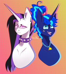 Size: 3018x3390 | Tagged: safe, artist:emotional-kindness, princess celestia, princess luna, alicorn, pony, between dark and dawn, g4, my little pony: friendship is magic, 80s princess luna, bust, duo, female, gradient background, mare, portrait, punklestia, royal sisters, siblings, signature, sisters, speedpaint available