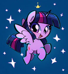 Size: 1250x1361 | Tagged: safe, artist:talimingi, twilight sparkle, alicorn, pony, g4, cute, female, flying, looking at you, mare, open mouth, open smile, smiling, smiling at you, solo, spread wings, starry background, stars, twiabetes, twilight sparkle (alicorn), wings