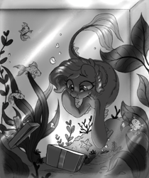 Size: 999x1189 | Tagged: safe, alternate version, artist:flixanoa, oc, oc only, oc:bluegill brine, fish, sea pony, g5, black and white, bubble, commission, coral, female, fins, fish tank, g5 oc, grayscale, mare, monochrome, present, scar, sea pony oc, seaweed, smiling, solo, treasure chest