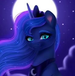 Size: 1541x1565 | Tagged: safe, artist:glitterheart15, princess luna, alicorn, pony, bust, female, full moon, mare, moon, night, portrait, smiling, solo, stars, windswept mane