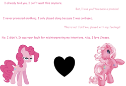 Size: 1964x1342 | Tagged: safe, pinkie pie, g3, g4, angry, breakup, comic sans, heart, pinkie pie is not amused, simple background, unamused, white background