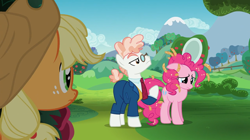 Size: 1024x575 | Tagged: safe, screencap, applejack, pinkie pie, svengallop, earth pony, pony, g4, my little pony: friendship is magic, season 5, the mane attraction, abuse, female, male, outdoors, pinkiebuse, sad, trio