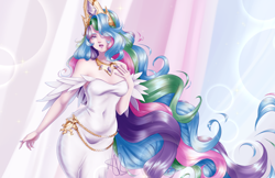 Size: 5100x3300 | Tagged: safe, artist:8hamon, kotobukiya, princess celestia, human, g4, clothes, crown, curvy, dress, female, hair over one eye, hourglass figure, humanized, jewelry, kotobukiya princess celestia, long hair, regalia, signature, solo