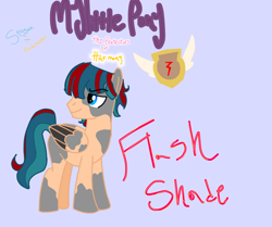 Size: 3878x3243 | Tagged: safe, anonymous artist, oc, oc only, oc:flashshade, pegasus, pony, black wings, blue eyes, blue mane, bobcut, character name, coat markings, cutie mark, implied flash magnus, implied stygian, long tail, male, my little pony: the protectors of harmony, pale coat, pillars of equestria, pinto, reference sheet, shield, short hair, spotted, stallion, tail, wings