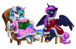 Size: 475x308 | Tagged: safe, artist:epicvon, princess celestia, princess luna, alicorn, g4, my little pony: friendship is magic, book, braid, braided tail, chair, christmas, clothes, coat, digital art, holiday, horn, manepxls, partially open wings, pixel art, pxls.space, reading, simple background, sleepware, tail, white background, wings