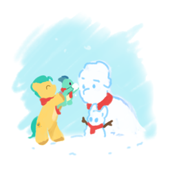 Size: 2048x2048 | Tagged: safe, artist:dulldi, hitch trailblazer, sparky sparkeroni, dragon, earth pony, pony, g5, baby, baby dragon, clothes, duo, duo male, eyes closed, father and child, father and son, male, outdoors, scarf, snow, snowman