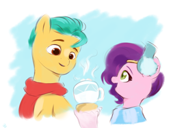 Size: 2048x1536 | Tagged: safe, artist:dulldi, hitch trailblazer, pipp petals, earth pony, pegasus, pony, g5, chocolate, clothes, cup, doodle, duo, duo male and female, earmuffs, female, food, hot chocolate, looking at someone, looking at something, male, outdoors, scarf, ship:pitch, shipping, sketch, smiling, straight