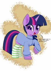 Size: 2500x3500 | Tagged: safe, artist:scandianon, twilight sparkle, pony, unicorn, g4, clothes, cuddle request, eye clipping through hair, female, horn, looking at you, mare, open mouth, open smile, raised hoof, smiling, socks, solo, striped socks, sweater, talking to viewer, unicorn twilight