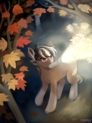 Size: 3000x4000 | Tagged: safe, artist:sibirly, oc, oc only, earth pony, insect, pony, autumn, commission, female, flashlight (object), forest, high res, male, mouth hold, nature, night, outdoors, solo, stallion, tree