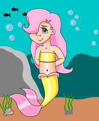 Size: 770x937 | Tagged: safe, artist:ocean lover, fluttershy, fish, human, mermaid, g4, arm behind back, bandeau, bare midriff, bare shoulders, bashful, belly, belly button, blue eyes, boulder, bubble, child, clam, cute, fins, fish tail, hair over one eye, humanized, innocent, kelp, kindness, light skin, long hair, looking at you, mermaid tail, mermaidized, mershy, midriff, ms paint, ocean, pink hair, rock, seashell, seaweed, shy, shyabetes, smiling, smiling at you, species swap, swimming, tail, tail fin, underwater, water, young fluttershy, younger