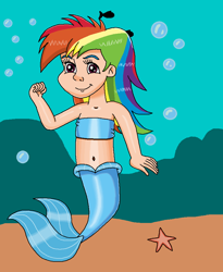 Size: 770x937 | Tagged: safe, artist:ocean lover, rainbow dash, fish, human, mermaid, starfish, g4, 20% cooler, arrogant, bandeau, bare midriff, bare shoulders, belly, belly button, bubble, child, cocky, confident, cute, dashabetes, fins, fish tail, flexing, humanized, light skin, long hair, looking at you, loyalty, magenta eyes, mermaid tail, mermaidized, midriff, ms paint, multicolored hair, ocean, rainbow hair, rock, smiling, smiling at you, smirk, species swap, swimming, tail, tail fin, underwater, water, younger