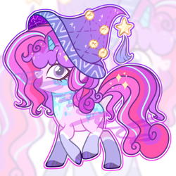 Size: 2232x2232 | Tagged: safe, artist:anno酱w, oc, oc only, pony, unicorn, adoptable, adopted offspring, base used, bells, hat, horn, offspring, outline, parent:pinkie pie, parent:star swirl the bearded, parents:pinkieswirl, smiling, solo, stars, walking, watermark, witch hat, zoom layer