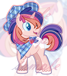 Size: 3216x3656 | Tagged: safe, artist:anno酱w, oc, oc only, pony, unicorn, adoptable, badge, base used, colt, cowboy hat, foal, freckles, hat, hoof fluff, horn, looking back, magical gay spawn, magical lesbian spawn, male, neckerchief, offspring, outline, parent:big macintosh, parent:shining armor, parents:shiningmac, raised hoof, smiling, solo, watermark, zoom layer