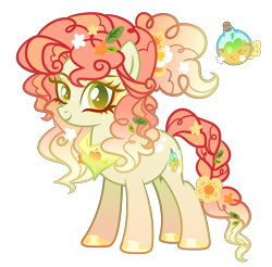 Size: 2529x2490 | Tagged: safe, artist:anno酱w, oc, oc only, earth pony, pony, adoptable, apple, base used, body freckles, cutie mark, eyelashes, eyeshadow, flower, flower in hair, food, freckles, leaves, leaves in hair, magical lesbian spawn, makeup, neckerchief, offspring, parent:granny smith, parent:pear butter, pigtails, ponytail, simple background, smiling, solo, transparent background