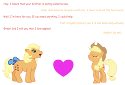 Size: 2030x1392 | Tagged: safe, applejack, g1, g4, comic sans, heart, shipping, simple background, white background