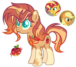 Size: 2415x2148 | Tagged: safe, artist:anno酱w, oc, oc only, pony, unicorn, adoptable, apple, base used, body markings, cutie mark, food, freckles, hairband, horn, magical lesbian spawn, offspring, parent:applejack, parent:sunset shimmer, simple background, solo, transparent background