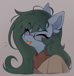 Size: 1412x1454 | Tagged: safe, artist:lerk, oc, oc only, oc:klotty, earth pony, pony, :p, bust, cute, ear fluff, eyes closed, glasses, simple background, solo, tongue out