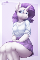 Size: 3000x4500 | Tagged: safe, artist:azuretto, rarity, unicorn, anthro, breasts, cleavage, female, high res, horn, lidded eyes, sitting, solo