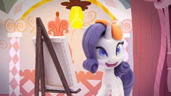 Size: 4096x2304 | Tagged: safe, screencap, rarity, pony, unicorn, g4, g4.5, my little pony: stop motion short, rarity's paintful pony portrait, cute, easel, horn, indoors, smiling, solo