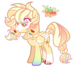 Size: 2421x2199 | Tagged: safe, artist:anno酱w, oc, oc only, pegasus, pony, adoptable, apple, base used, body markings, cutie mark, ethereal mane, facial markings, food, hoof fluff, magical lesbian spawn, multicolored hair, offspring, parent:applejack, parent:rainbow dash, pigtails, rainbow hair, simple background, solo, starry hair, starry mane, transparent background, zap apple