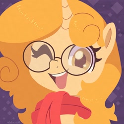 Size: 750x750 | Tagged: safe, artist:talimingi, oc, oc only, pony, unicorn, abstract background, clothes, commission, female, glasses, horn, lineless, looking at you, mare, one eye closed, open mouth, open smile, round glasses, scarf, smiling, smiling at you, solo, wink, winking at you