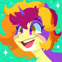 Size: 750x750 | Tagged: safe, artist:talimingi, oc, oc only, oc:cydne, pony, unicorn, abstract background, bust, chest fluff, commission, horn, lineless, open mouth, open smile, ponified, ponified oc, smiling, solo