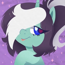 Size: 750x750 | Tagged: safe, artist:talimingi, oc, oc only, oc:parallel pop, pony, unicorn, abstract background, commission, eye clipping through hair, female, heart, heart eyes, horn, lineless, mare, smiling, solo, tongue out, wingding eyes