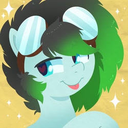 Size: 750x750 | Tagged: safe, artist:talimingi, oc, oc only, oc:gryph xander, earth pony, pony, abstract background, commission, goggles, goggles on head, heart, heart eyes, lidded eyes, lineless, smiling, solo, tongue out, wingding eyes