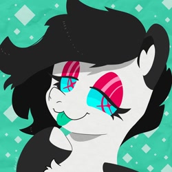 Size: 750x750 | Tagged: safe, artist:talimingi, oc, oc only, oc:candycane rose, earth pony, pony, abstract background, bust, commission, eyeshadow, lidded eyes, lineless, looking at you, makeup, ponysona, smiling, smiling at you, solo, tongue out, wingding eyes