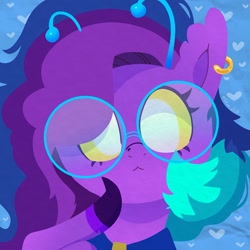 Size: 750x750 | Tagged: safe, artist:talimingi, oc, oc only, oc:nebula, alien, alien pony, pony, abstract background, antennae, bust, colored sclera, commission, ear piercing, earring, glasses, jewelry, lineless, looking at you, piercing, ponysona, round glasses, solo, yellow sclera