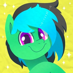 Size: 750x750 | Tagged: safe, artist:talimingi, oc, oc only, oc:aprovie, earth pony, pony, abstract background, bust, commission, lineless, looking at you, male, smiling, smiling at you, solo, stallion