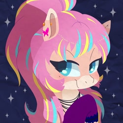 Size: 750x750 | Tagged: safe, artist:talimingi, oc, oc only, earth pony, pony, abstract background, bust, commission, ear piercing, earring, jewelry, lidded eyes, necklace, piercing, smiling, solo