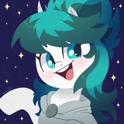 Size: 750x750 | Tagged: safe, artist:talimingi, oc, oc only, pony, unicorn, abstract background, blushing, bust, cloak, clothes, commission, female, horn, mare, open mouth, open smile, smiling, solo