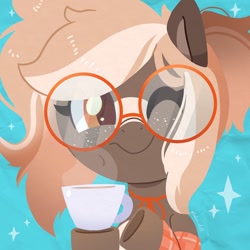 Size: 750x750 | Tagged: safe, artist:talimingi, oc, oc only, earth pony, pony, abstract background, blaze (coat marking), bust, coat markings, coffee cup, commission, cup, facial markings, female, freckles, glasses, hoof hold, looking at you, mare, one eye closed, round glasses, smiling, smiling at you, solo, wink, winking at you