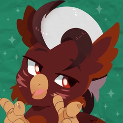 Size: 750x750 | Tagged: safe, artist:talimingi, oc, oc only, griffon, abstract background, beak, bust, commission, griffon oc, lidded eyes, open beak, open mouth, pointing at you, solo