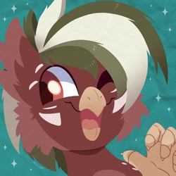 Size: 750x750 | Tagged: safe, artist:talimingi, oc, oc only, griffon, abstract background, beak, bust, cheek fluff, commission, griffon oc, one eye closed, open beak, open mouth, open smile, smiling, solo, wink