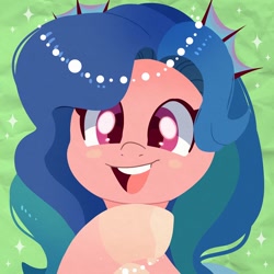 Size: 750x750 | Tagged: safe, artist:talimingi, oc, oc only, oc:peachy splash, merpony, pony, abstract background, bust, commission, female, looking at you, mare, open mouth, open smile, smiling, smiling at you, solo