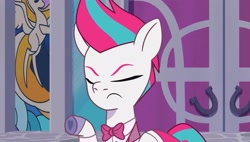 Size: 2027x1154 | Tagged: safe, screencap, zipp storm, pegasus, pony, baby critters, g5, my little pony: tell your tale, bowtie, clothes, crystal brighthouse, door, eyes closed, female, formal wear, pointing, raised hoof, solo, stern, strict, suit, tuxedo