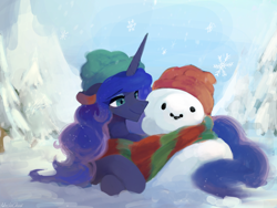 Size: 2048x1536 | Tagged: safe, artist:unclechai, princess luna, oc, oc:snowdrop, alicorn, pony, g4, female, mare, scarf, sky, snow, snowfall, snowflake, snowpony, solo, tree