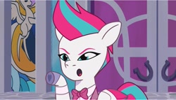 Size: 2040x1166 | Tagged: safe, screencap, zipp storm, pegasus, pony, baby critters, g5, my little pony: tell your tale, bowtie, clothes, crystal brighthouse, door, formal, formal wear, open mouth, pointing, raised hoof, solo, stern, strict, suit, tuxedo