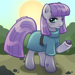 Size: 1280x1280 | Tagged: safe, artist:sparkytopia, boulder (g4), maud pie, earth pony, pony, g4, clothes, digital art, female, frock coat, heart, heart eyes, holding, lidded eyes, mare, outdoors, raised hoof, rock, rock farm, signature, solo, sun, wingding eyes